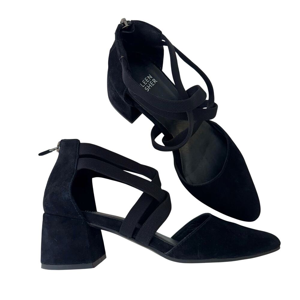 Eileen Fisher Suede Strappy Block Heel Sandals Pointed Toe Black Size 7